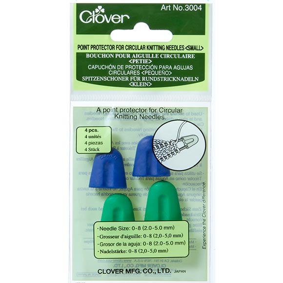 Clover point protector packaging for circular knitting needles with blue and green protectors.
