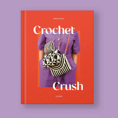 Book titled 'Crochet Crush' with a person holding a striped bag on a red cover against a purple background