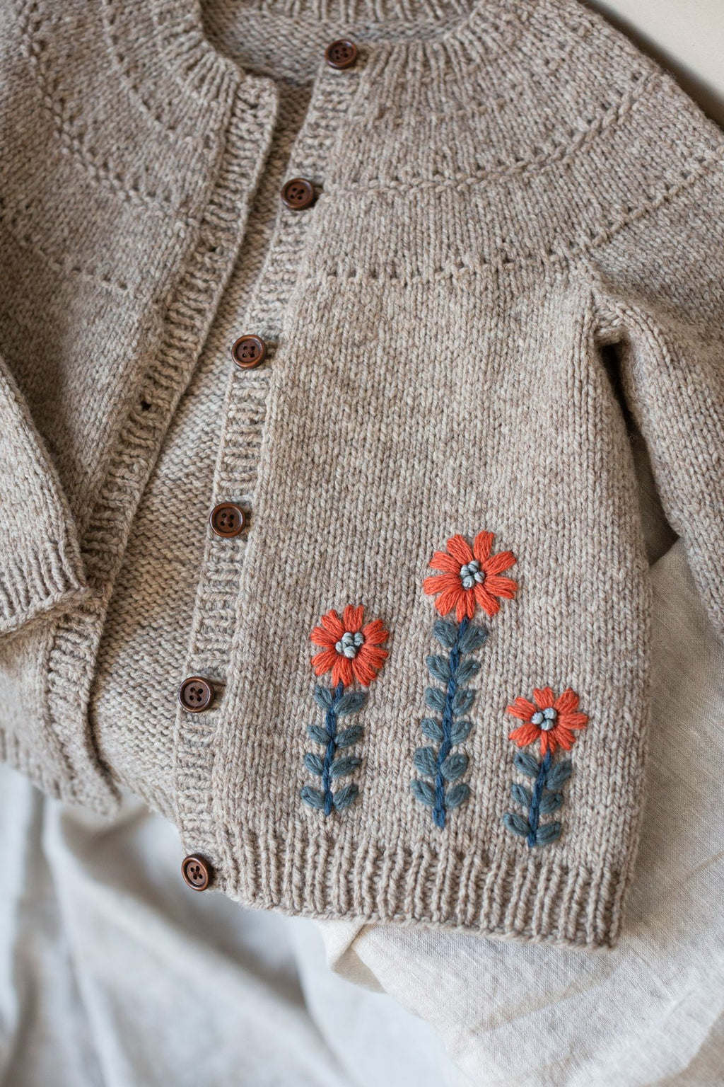 Embroidery on knits - beige cardi with flowers