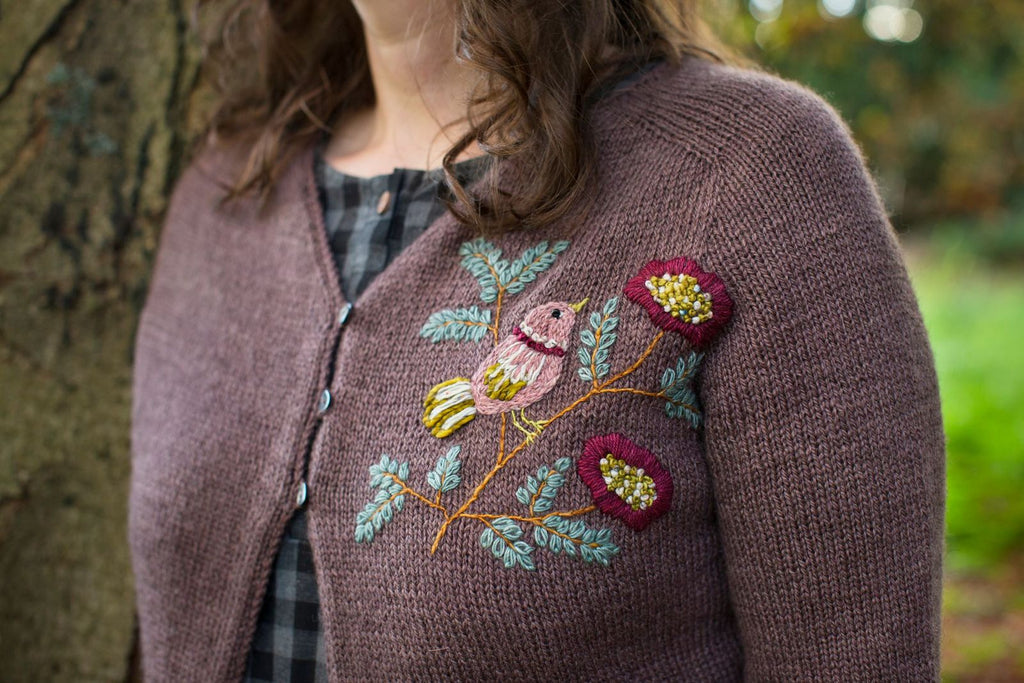Embroidery on knits - bird flower cards