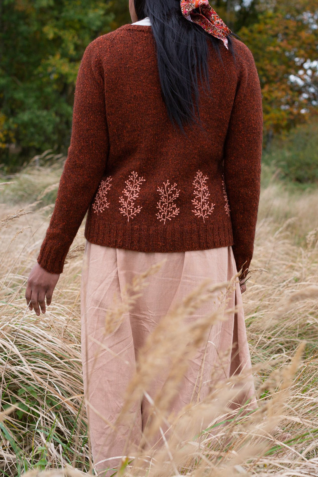 Embroidery on knits - rust orange sweater