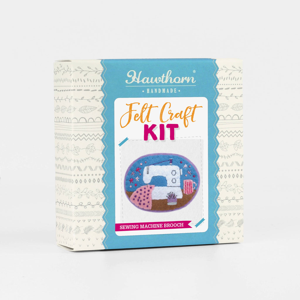 Hawthorn Handmade felt craft kit packaging with sewing machine illustration on a white background