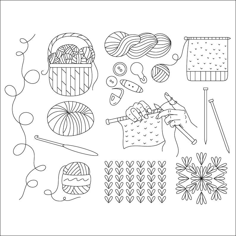 Collection of black line art illustrations related to knitting and yarn on a white background.