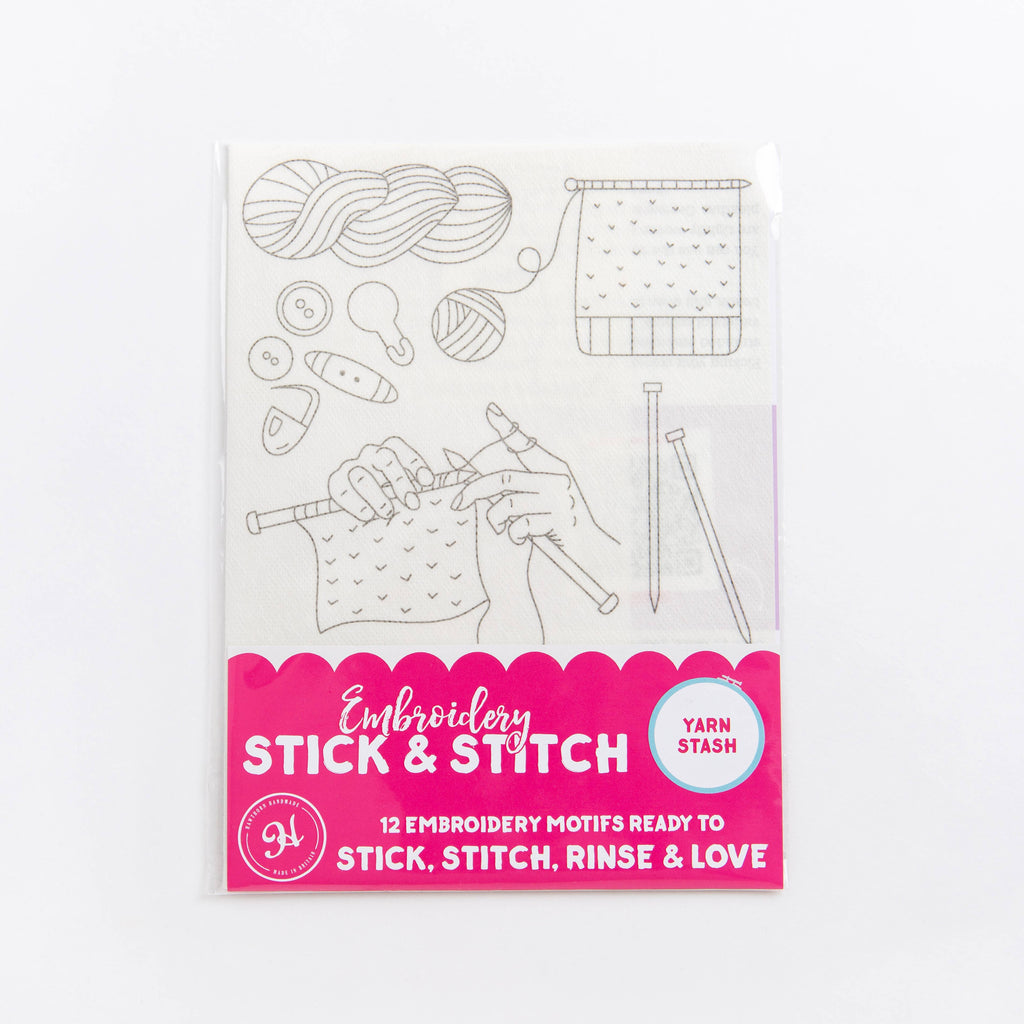 Embroidery stick and stitch kit packaging with illustrations on a white background