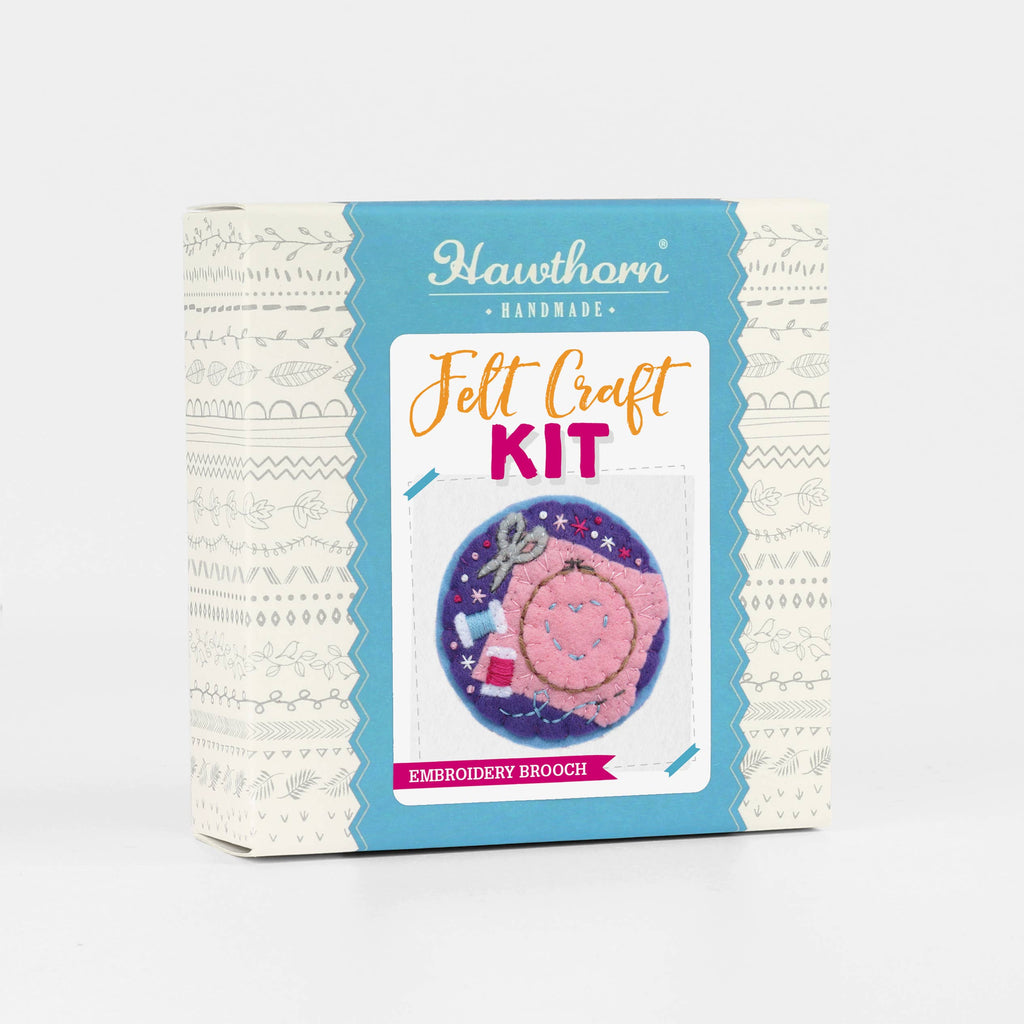 Hawthorn Handmade felt craft kit packaging with a pink embroidery brooch design on a white background.