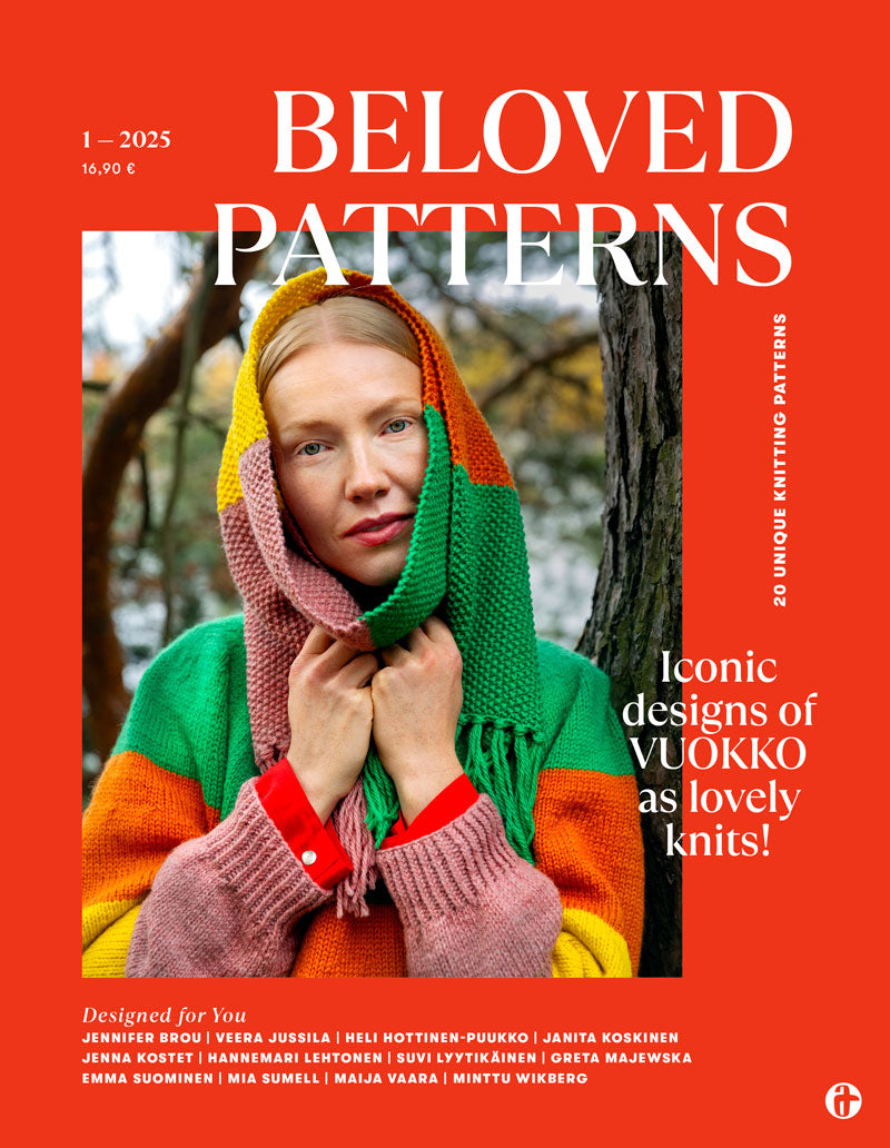 A cover image of Beloved Patterns knitting magazine, featuring a woman wearing a colorful knitted hat and scarf with a red and white striped garment in the background.