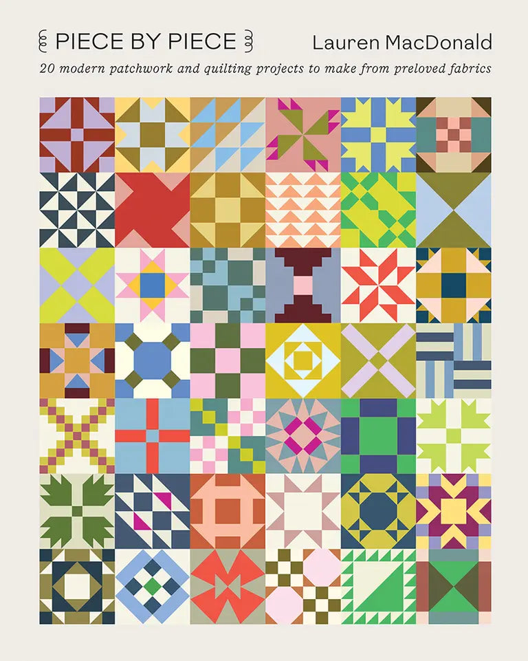 Book cover of 'Piece by Piece' with colorful quilt patterns on a beige background