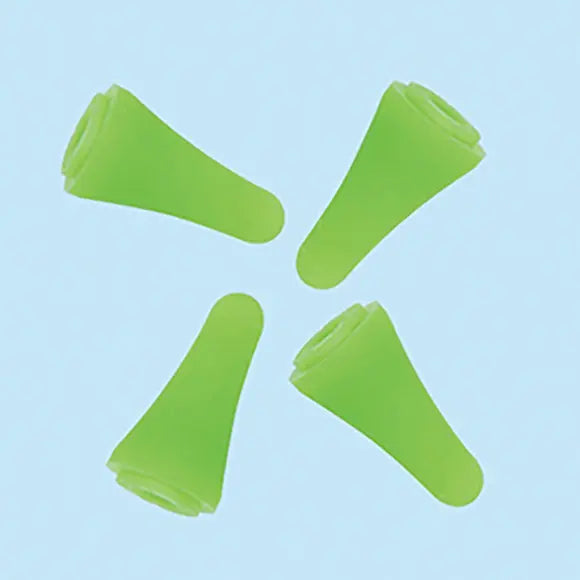 Four green plastic point protectors on a light blue background