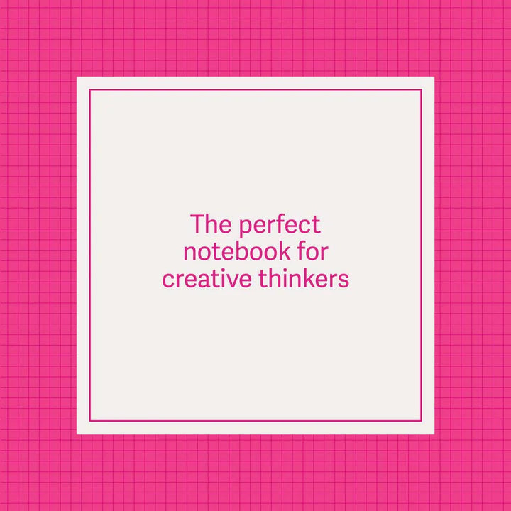 Notebook with text 'The perfect notebook for creative thinkers' on a pink grid background