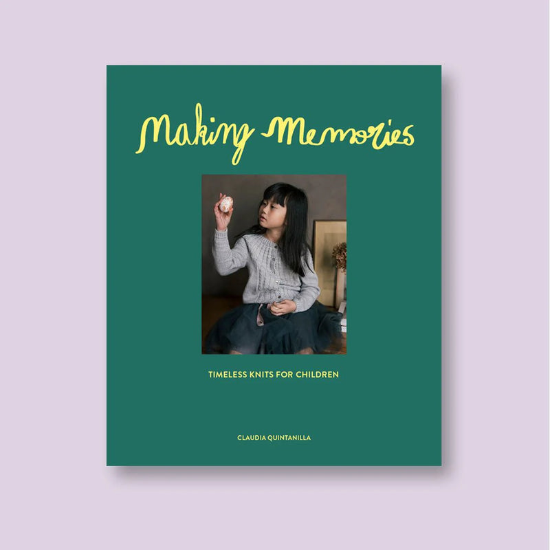 Book cover titled 'Making Memories' with a photo of a woman knitting on a light purple background
