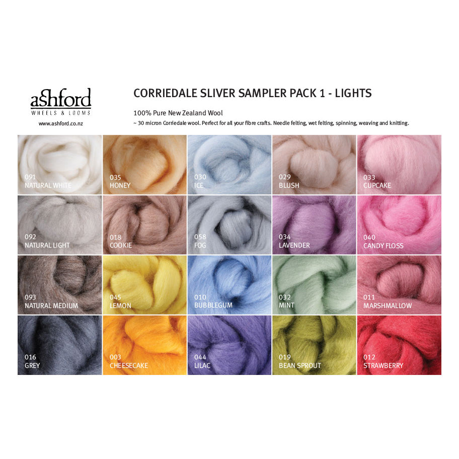 Ashford Corriedale Sliver Sampler Pack 1 - Lights with various wool colors.