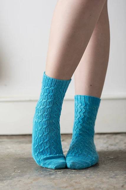 Budleigh - bright blue wavey cable socks